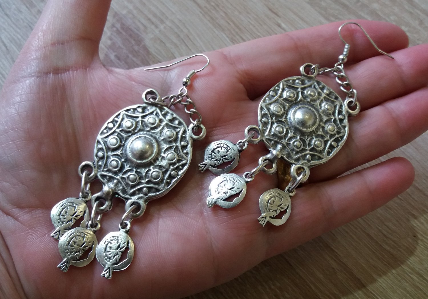 Dangle Drop Pomegranate Shield Silver Earrings: Armenian Heritage