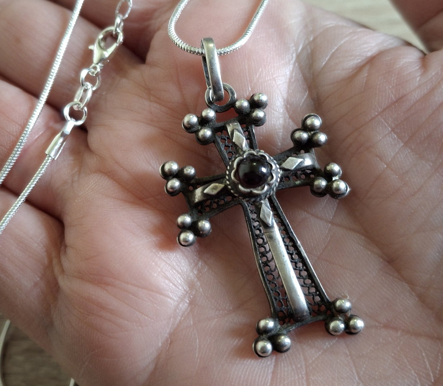 Armenian Cross Necklace Sterling Silver .925 with Obsidian Stone