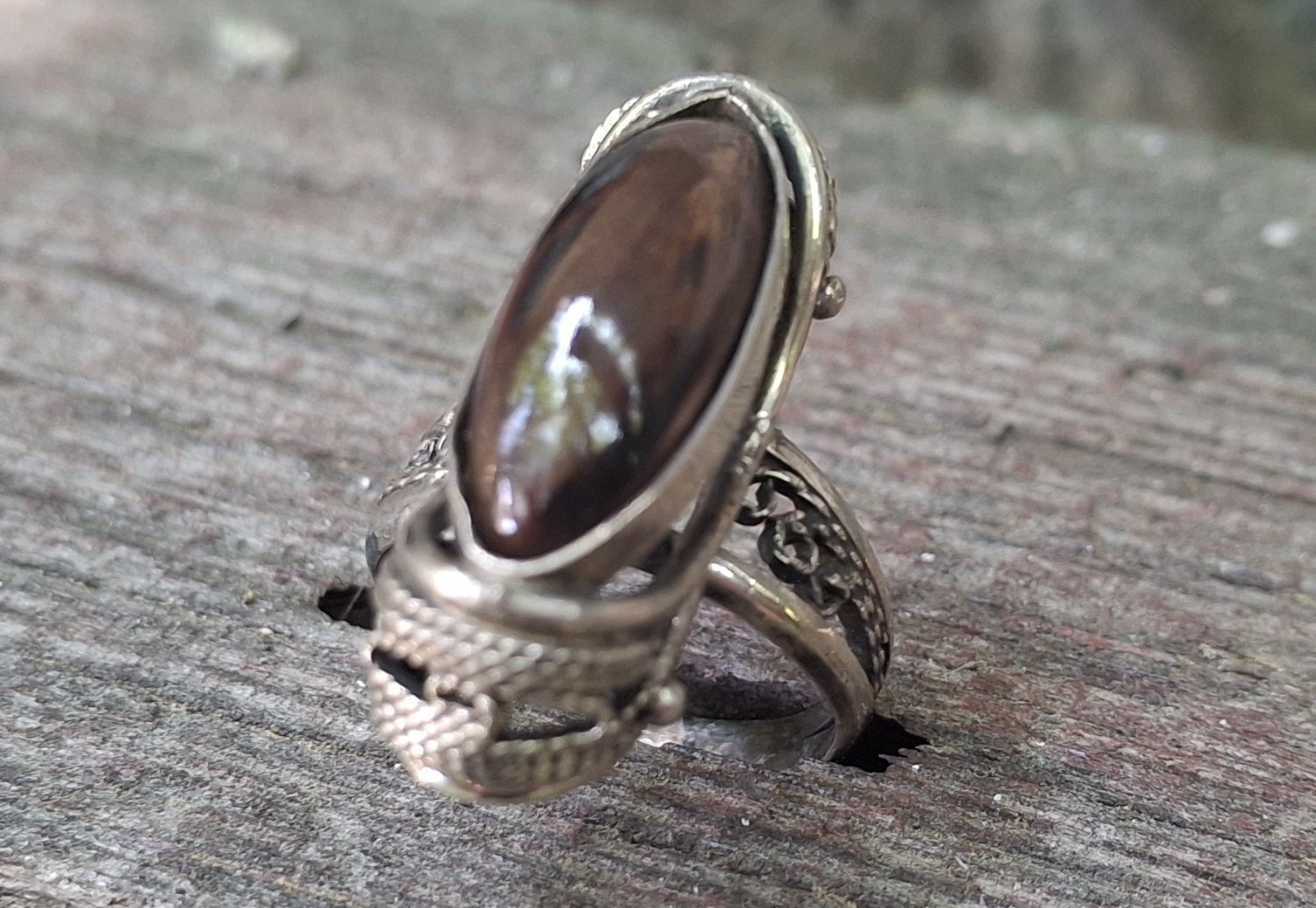 Vintage Armenian Soviet Filigree Ring: 1960s Mahogany Obsidian Jewelry