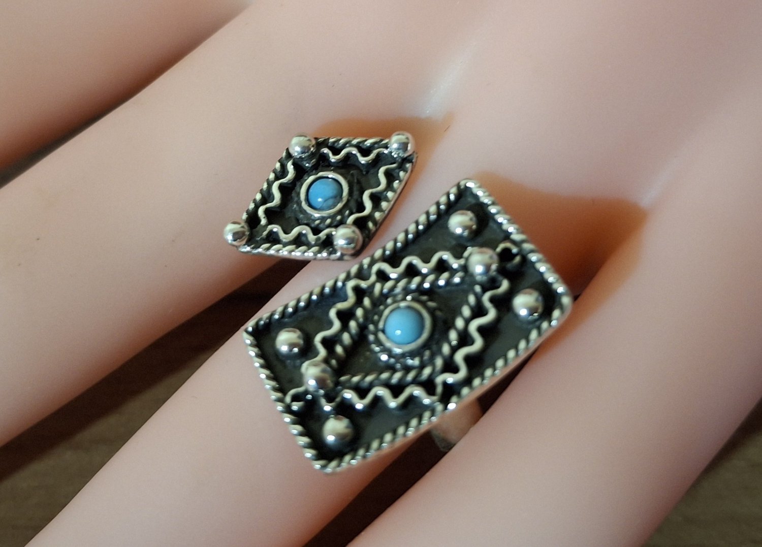 Armenian Adjustable Open Ring &acirc;�� Turquoise & Sterling Silver Carpet Design