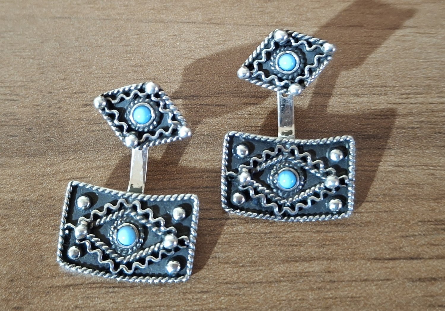 Armenian Geometric Turquoise Earrings &acirc;�� Sterling Silver Two-in-One Design