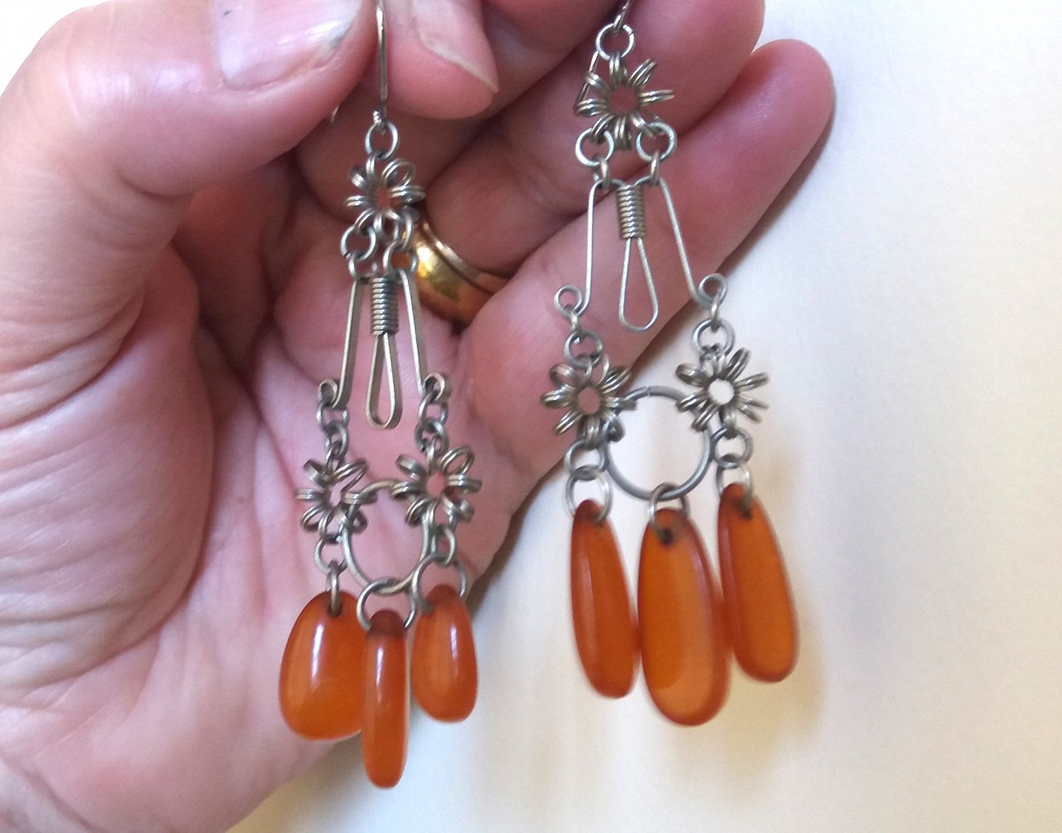Vintage Handmade Metal Flowery Gemstone Dangle Drop Earrings: Armenian Ethnic Retro Style
