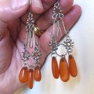 Vintage Handmade Metal Flowery Gemstone Dangle Drop Earrings: Armenian Ethnic Retro Style