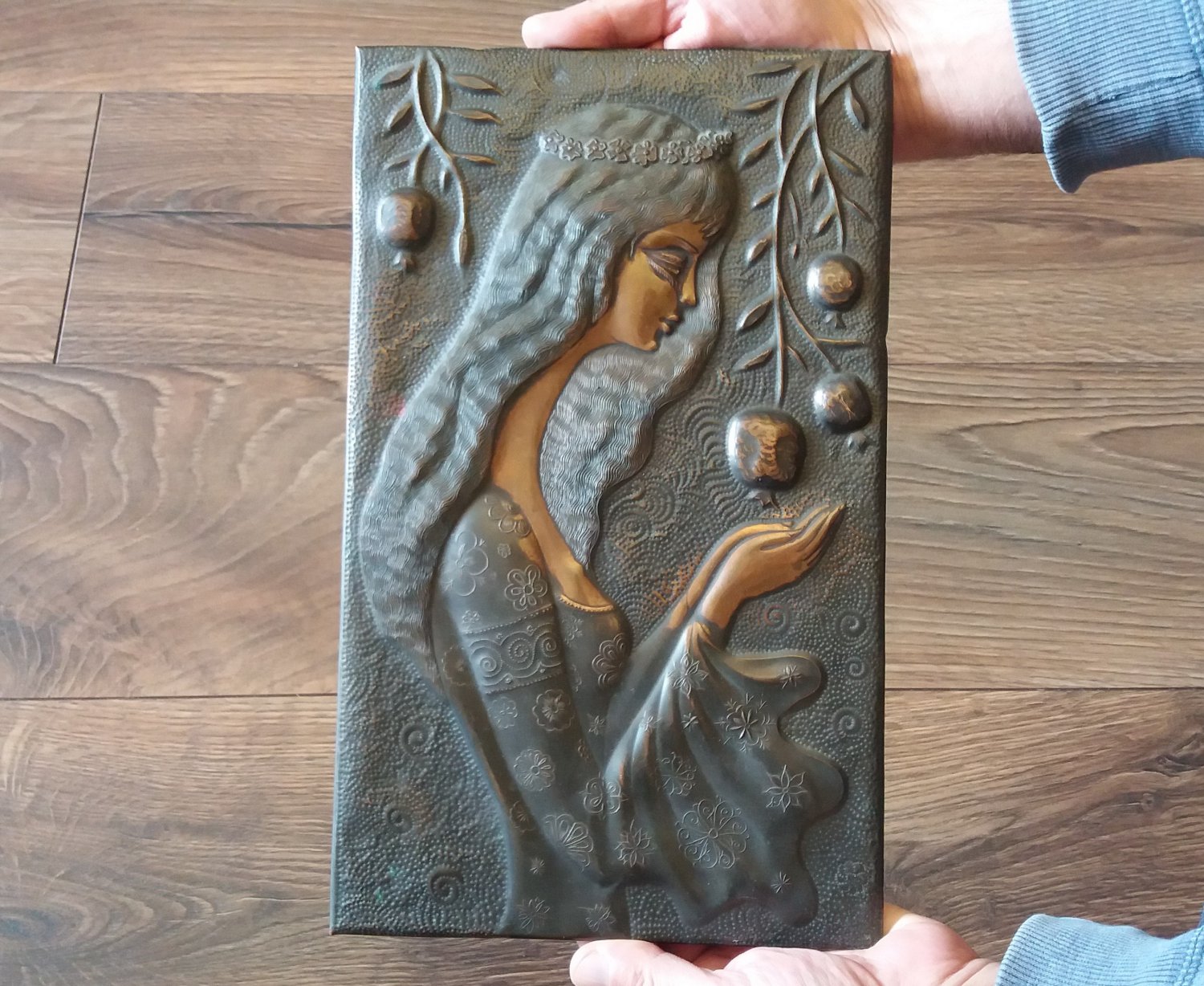 Vintage Embossed Copper Wall Decoration &acirc;�� Armenian Woman with Pomegranate Tree