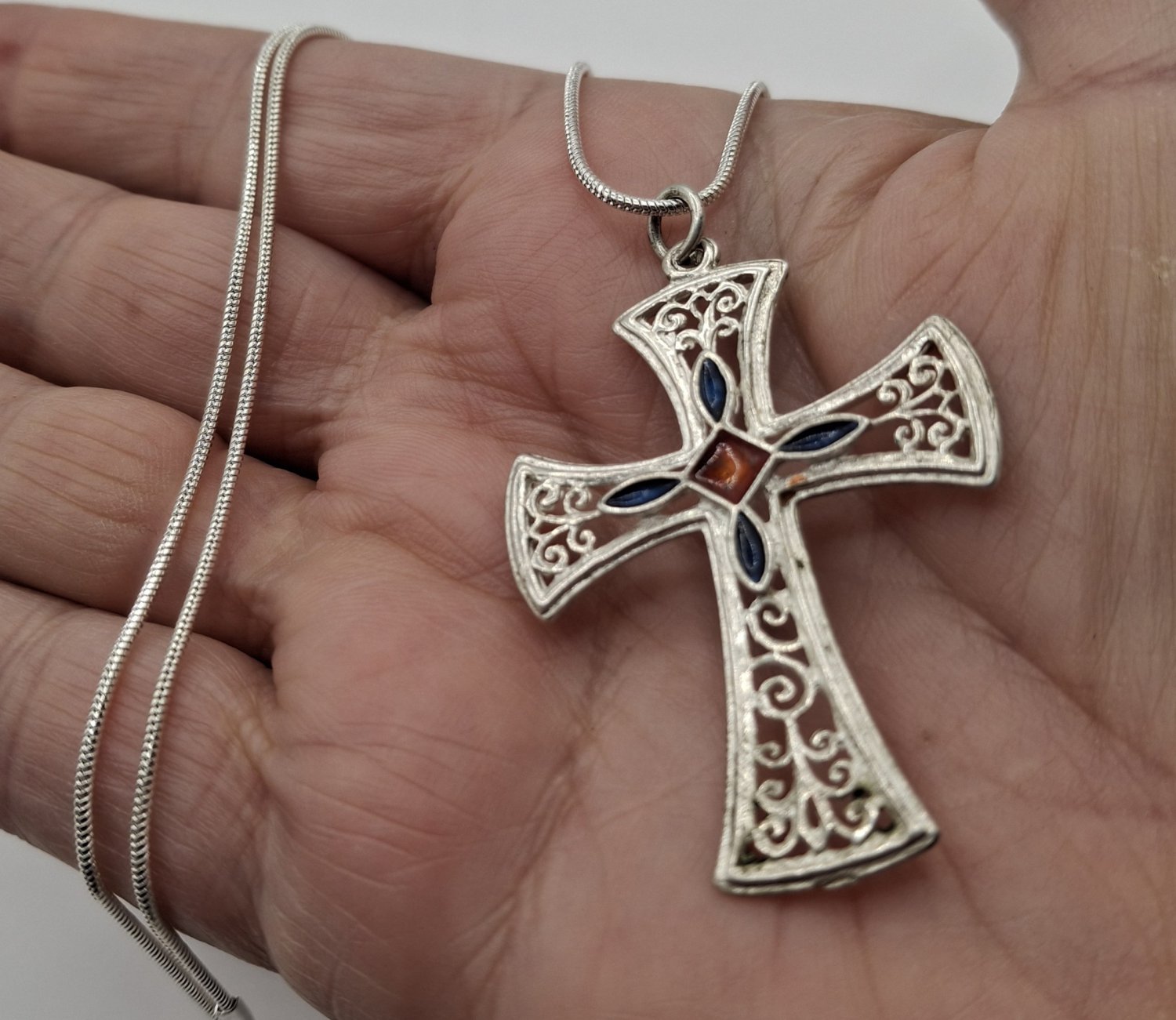 Armenian Cross Pendant Sterling Silver .925:  Enamel Filigree Faith Necklace