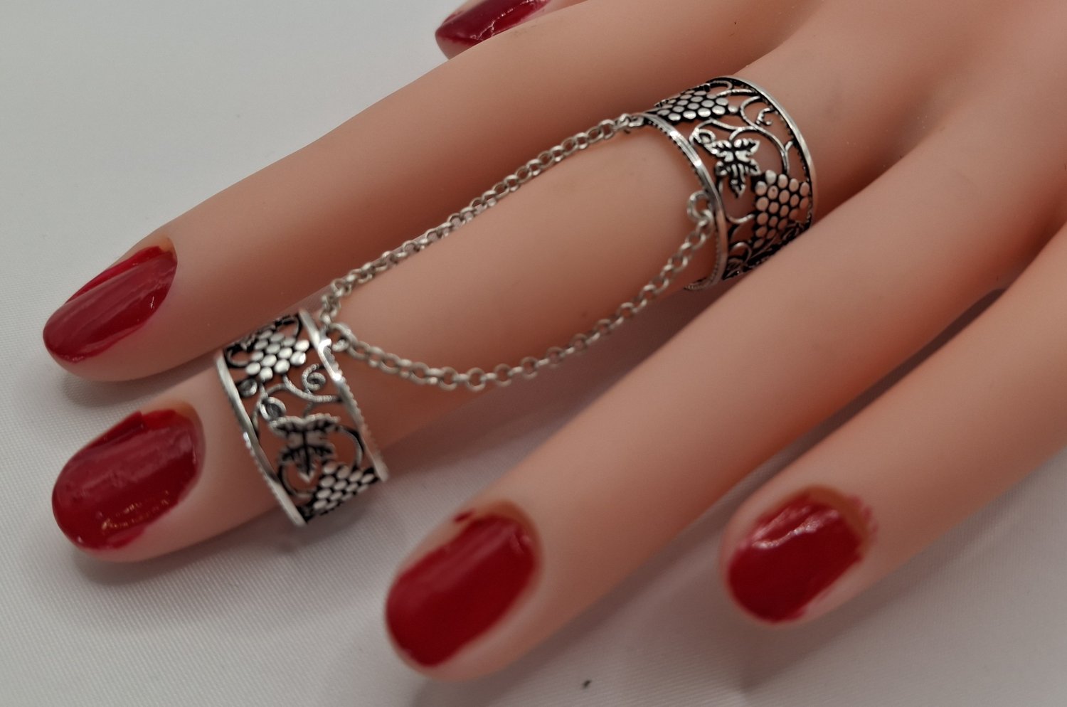 Handmade Armenian Double Ring Sterling Silver .925: Grapes & Leaves Motif, Adjustable Linked Rings