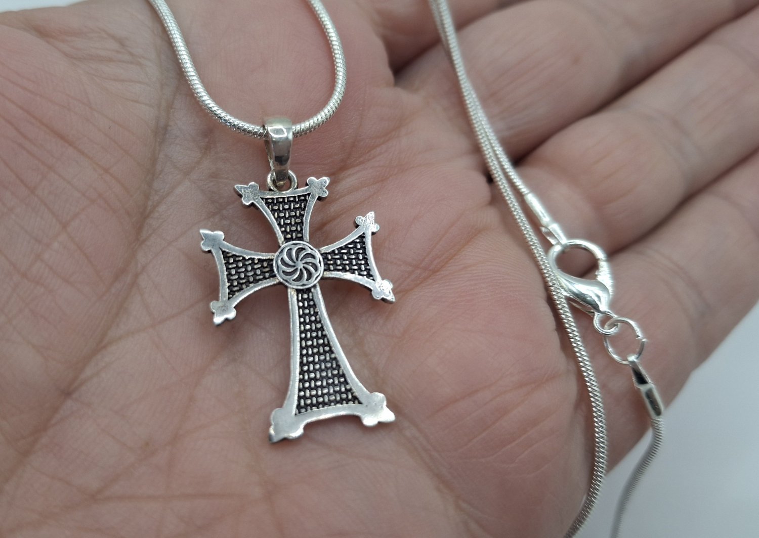 Armenian Cross Necklace in Sterling Silver .925 with Eternity Pendant: Handmade Faith Jewelry