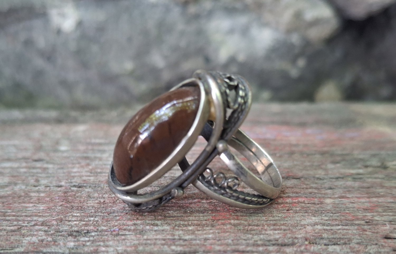 Vintage Armenian Soviet Filigree Ring: 1960s Mahogany Obsidian Jewelry