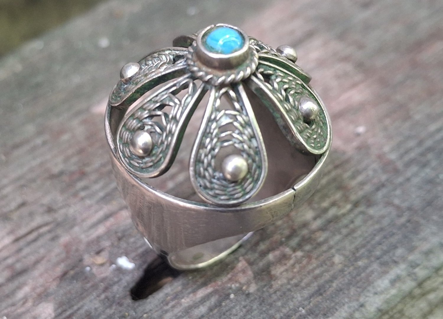 Vintage Armenian Soviet Filigree Crown Ring with Turquoise (1960s)