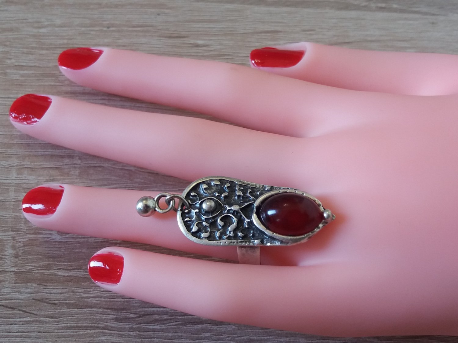 Armenian Drop Dangle Adjustable Ring: Ethnic Design with Pomegranate Stone & Dangle Charm