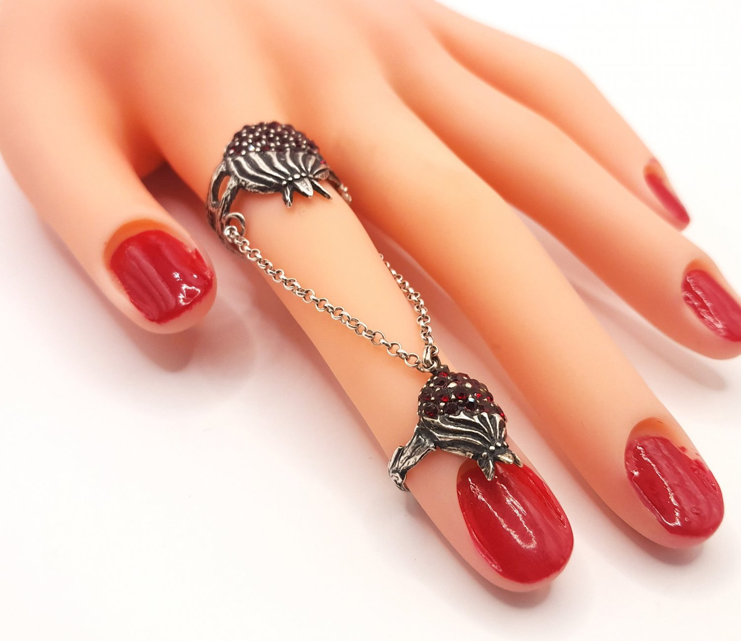 Armenian Pomegranate Double Ring &acirc;�� Sterling Silver .925 with Garnet Stones