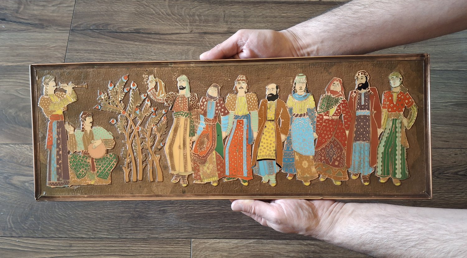 Vintage Armenian Copper Enamel Wall Relief: Sasun Dance, Soviet Era 1970s&acirc;��80s Embossed Home D&Atilde;&copy;cor