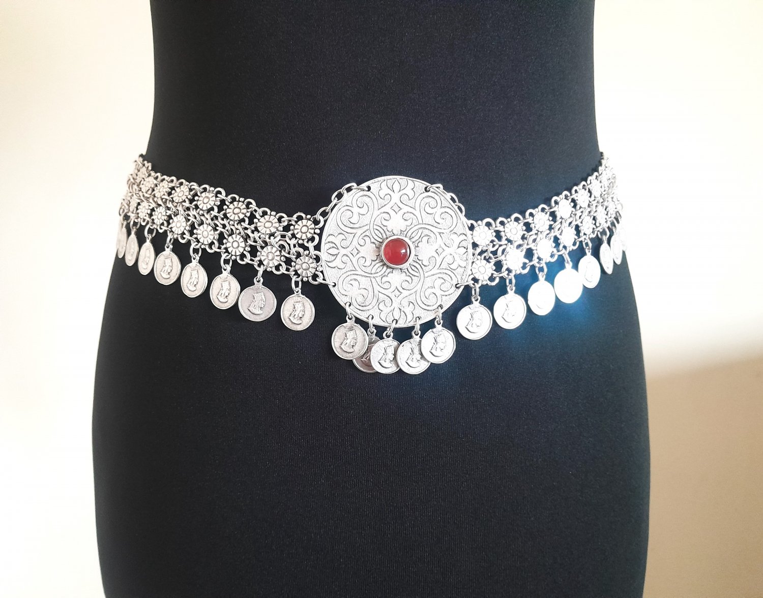 Armenian Ethnic Flowery Link Belt with Tigran the Great Coin & Red Gemstone