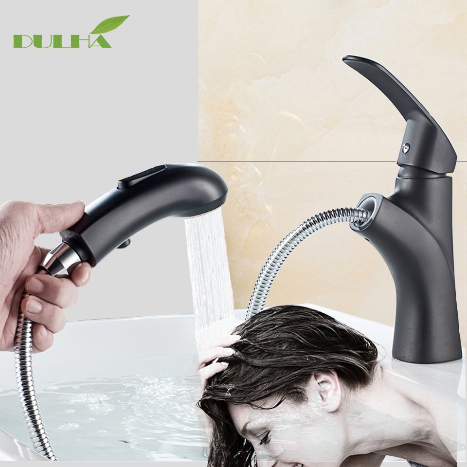 Bathroom  Mix Hot and Cold Black Pull Out Wash Basin Water Faucet Vanity Sink Mixer TaP