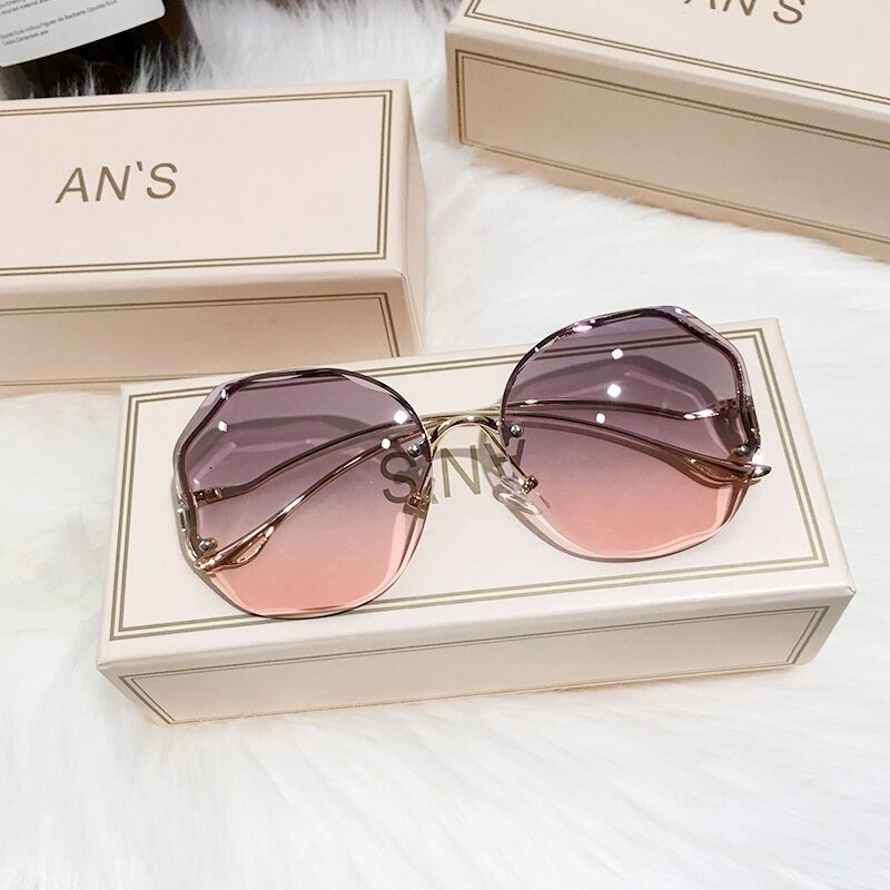 Tea Gradient Sunglasses Women Ocean Water Cut Trimmed Lens Metal Curved Temples Sun Glasses