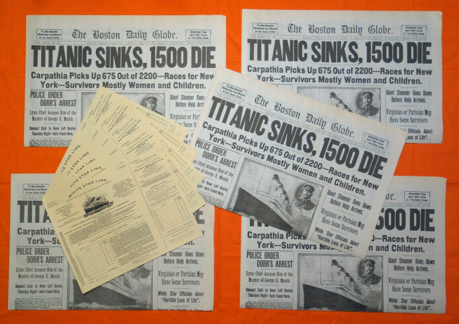 (Lot of 5) 1912 Titanic Boston Daily Globe Newspaper Reprint + 3rd Class Ticket
