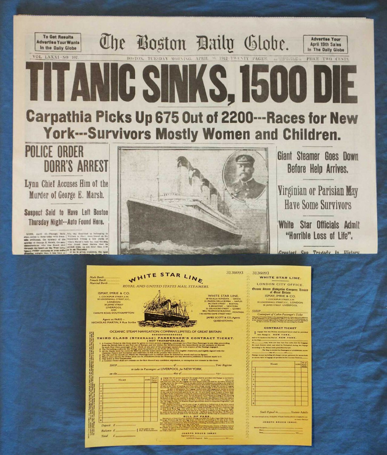 1912 Titanic Historic 3rd Class Ticket + Boston Daily Globe News Print