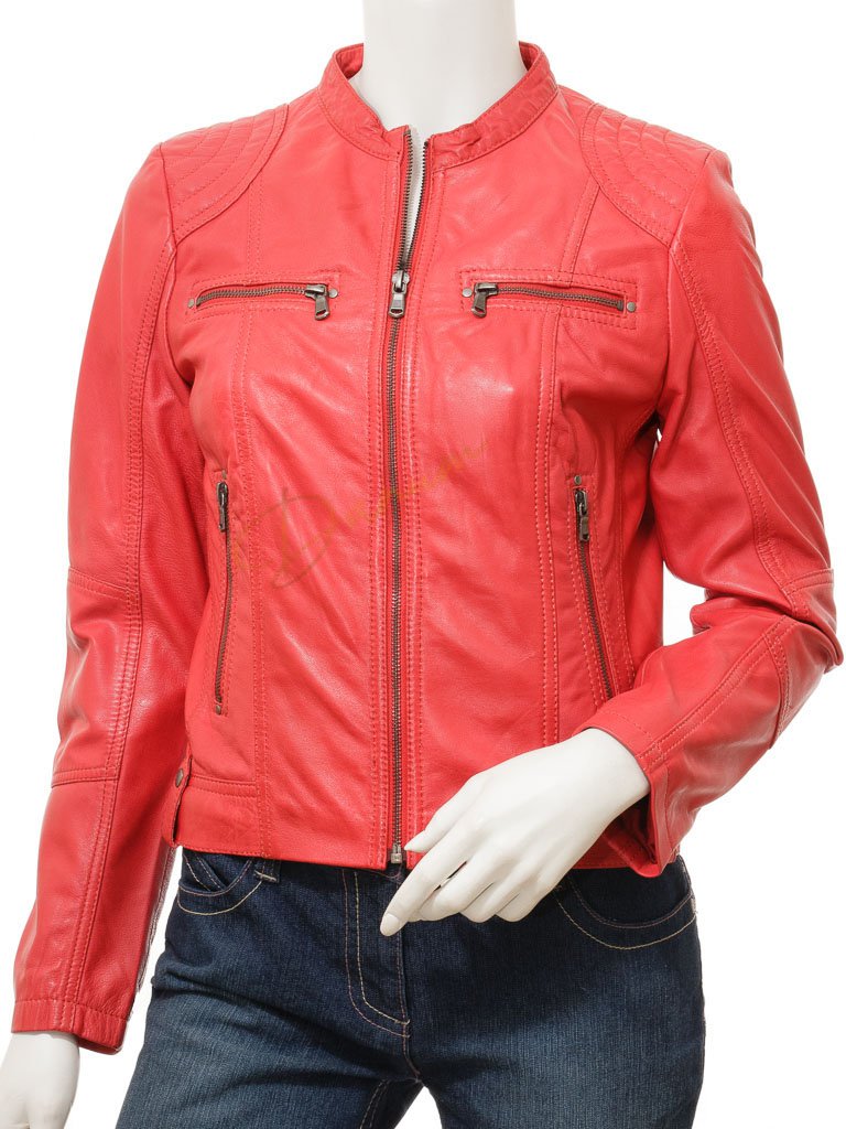 Women's Red Leather Biker Jacket Cottondale