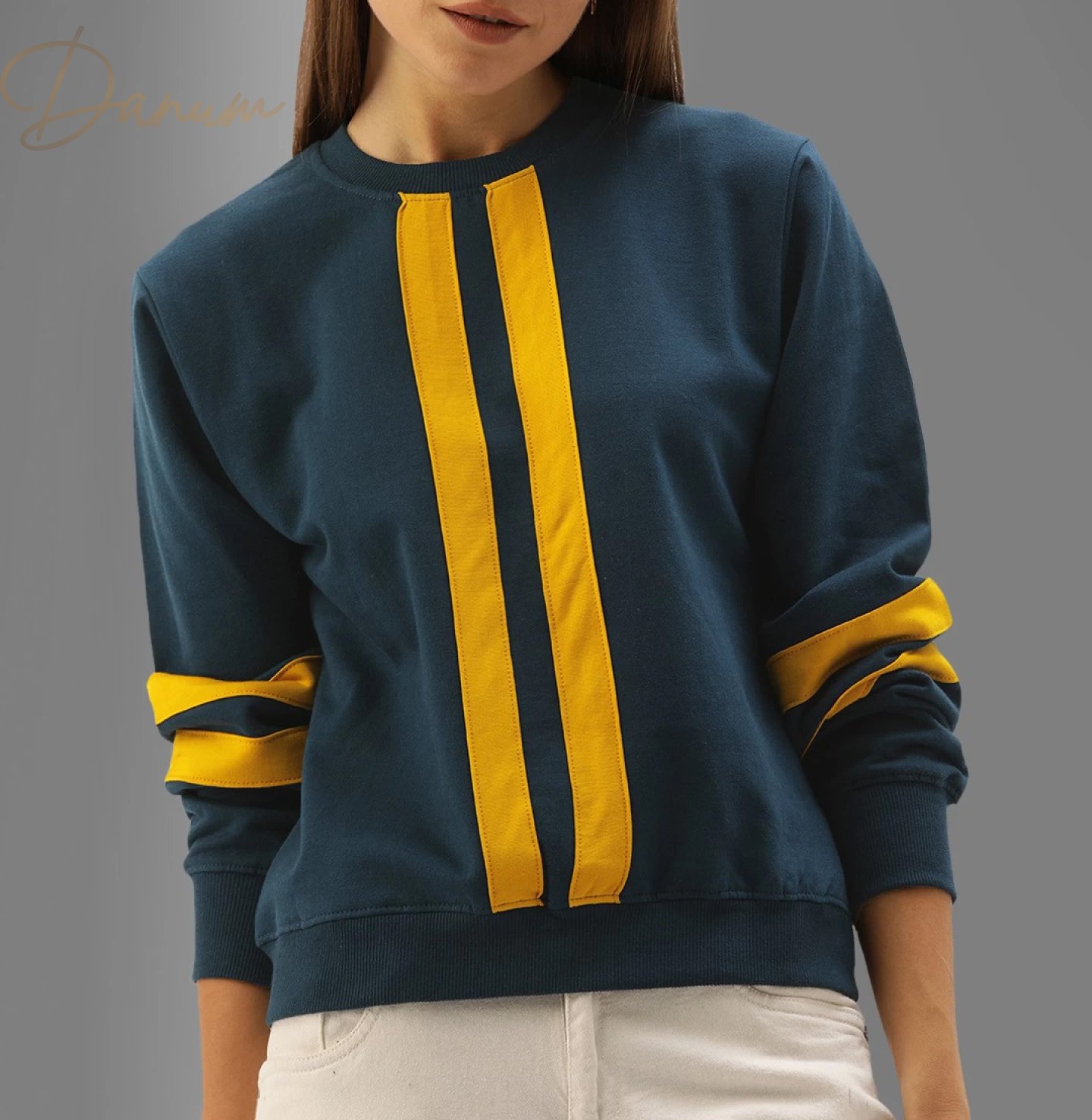 Full Sleeve yellow Striped Women Sweatshirt