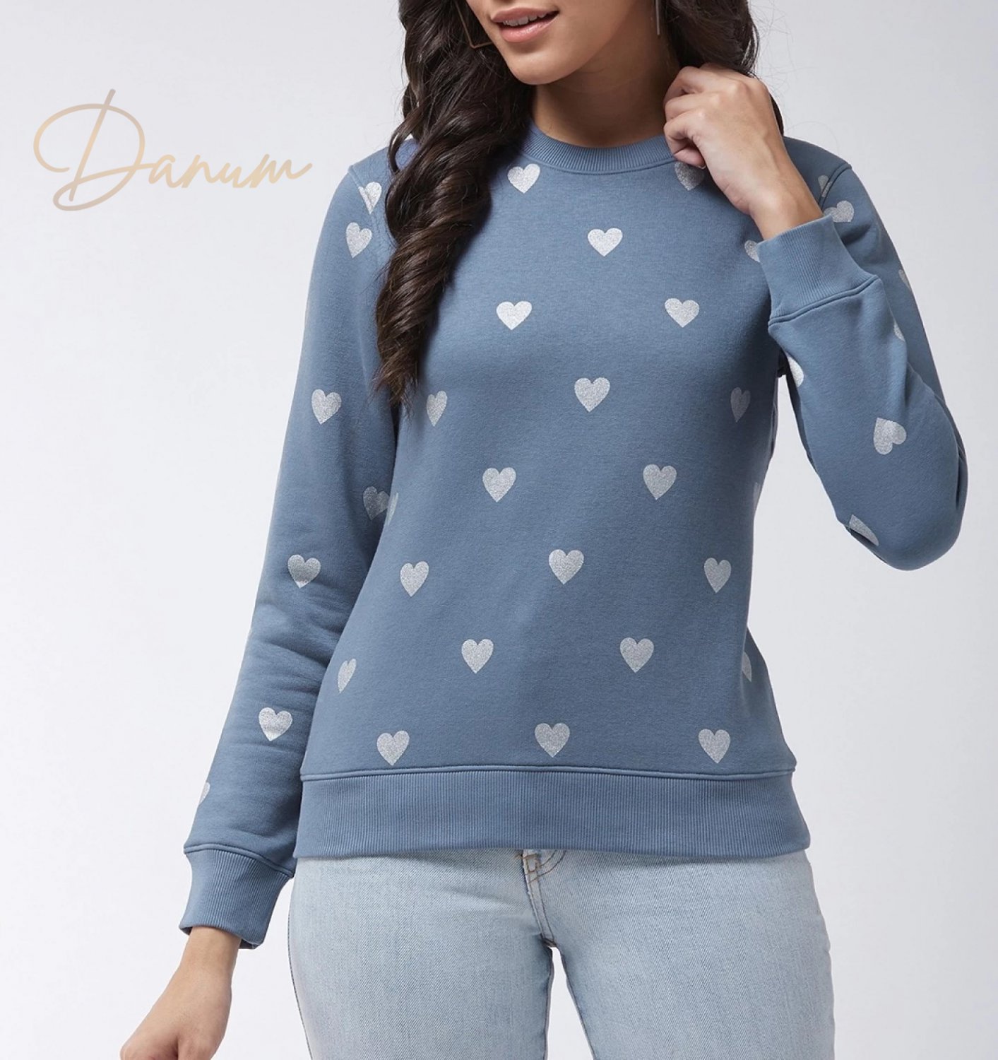 Heart Printed Women Sweatshirt in Blue