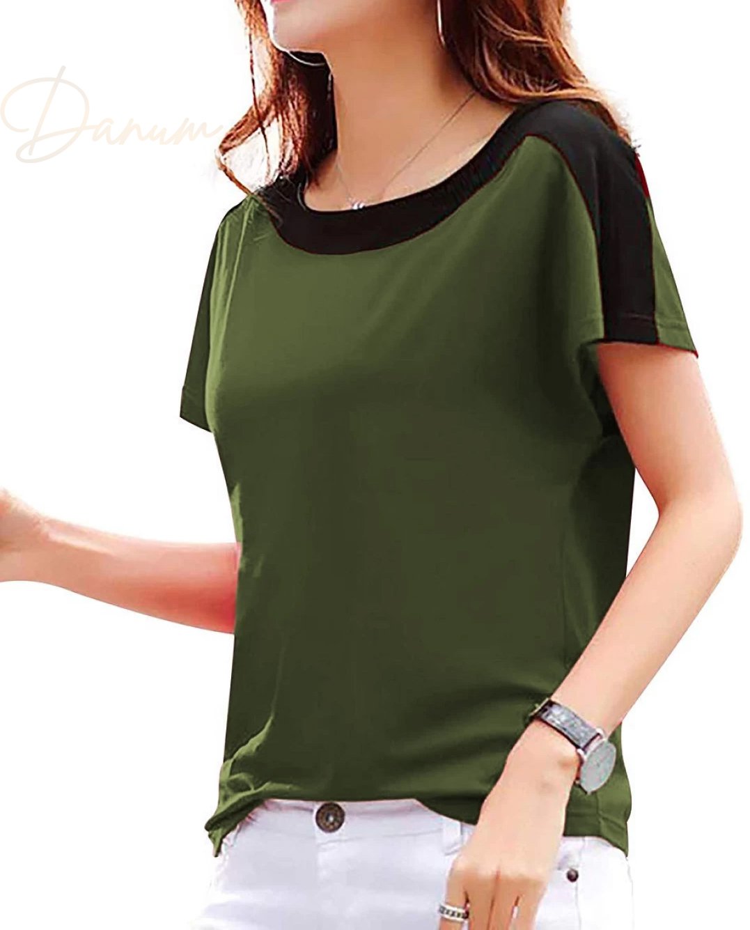 Solid Women Round Neck Plain Dark Green T-Shirt