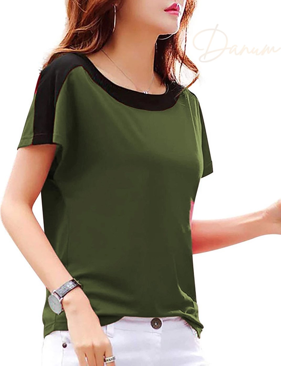 Solid Women Round Neck Plain Dark Green TShirt