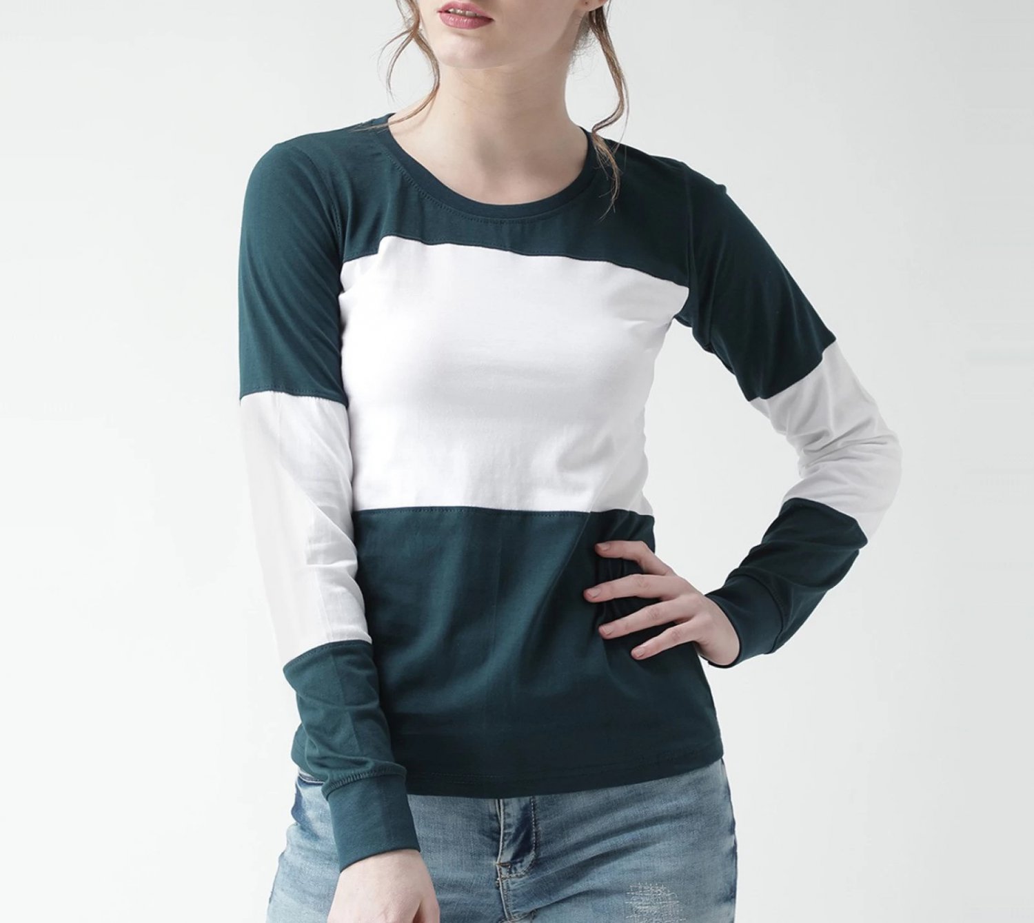 Long Sleeves Women T shirt in Dark Green and White