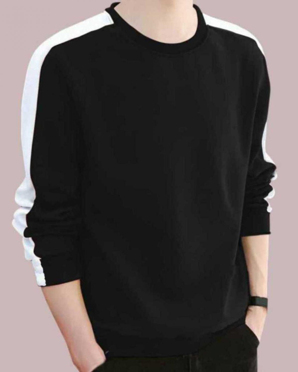 Solid Men Round Neck Black T-Shirt with white arm strip