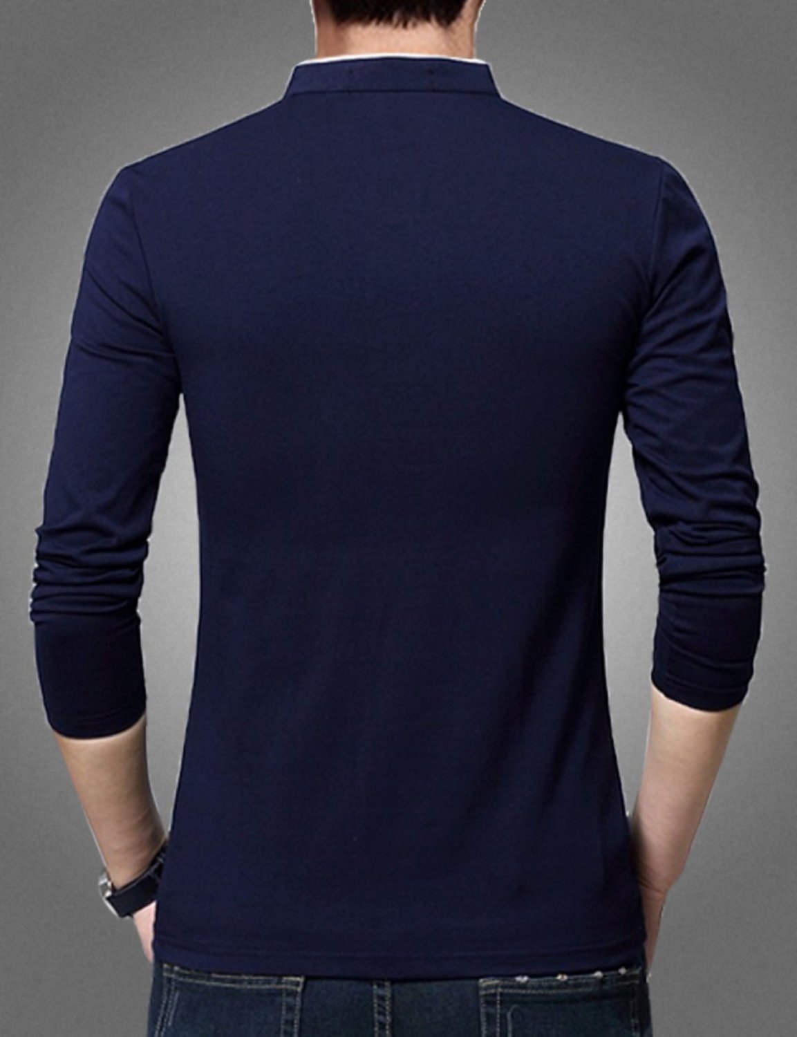 Solid Men Mandarin Collar T-Shirt in Navy Blue