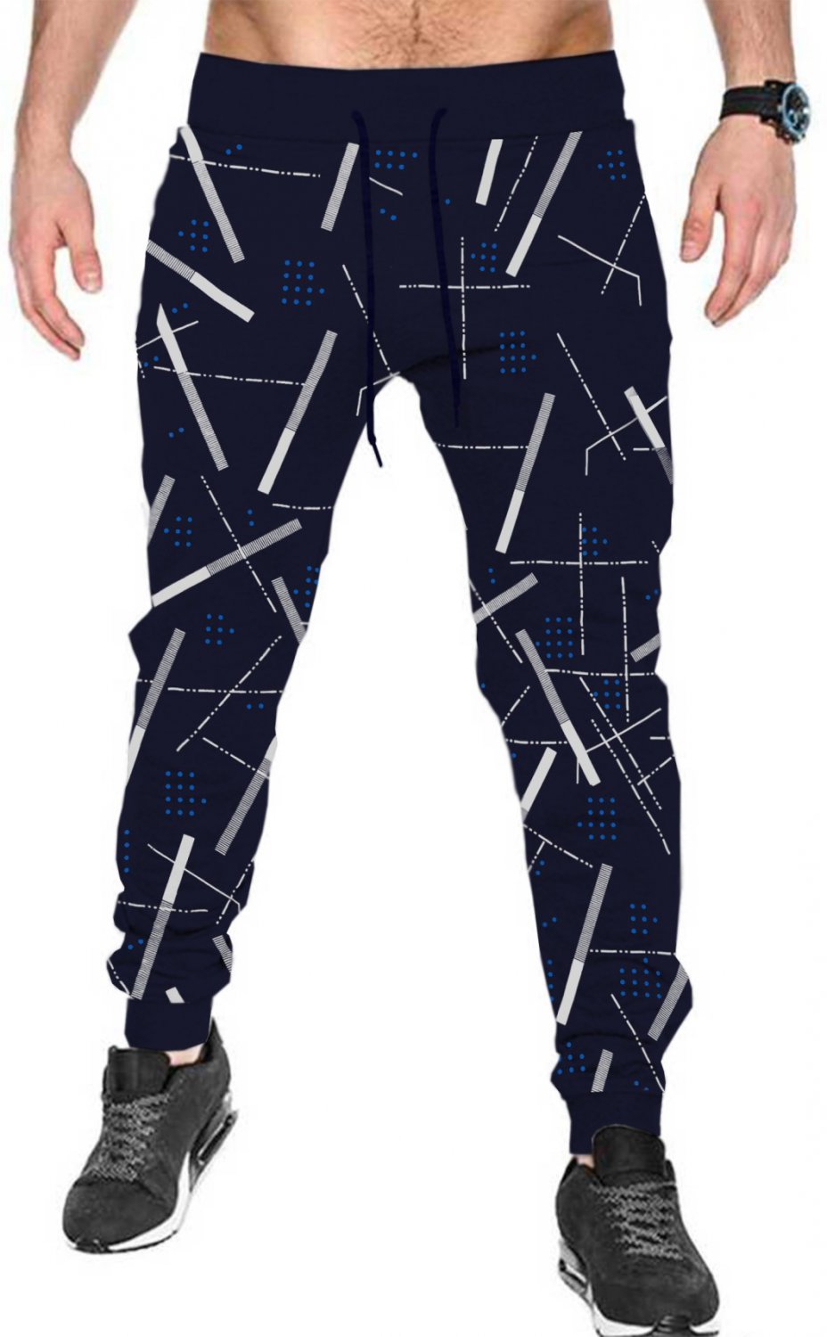 blue track pants with white stripes