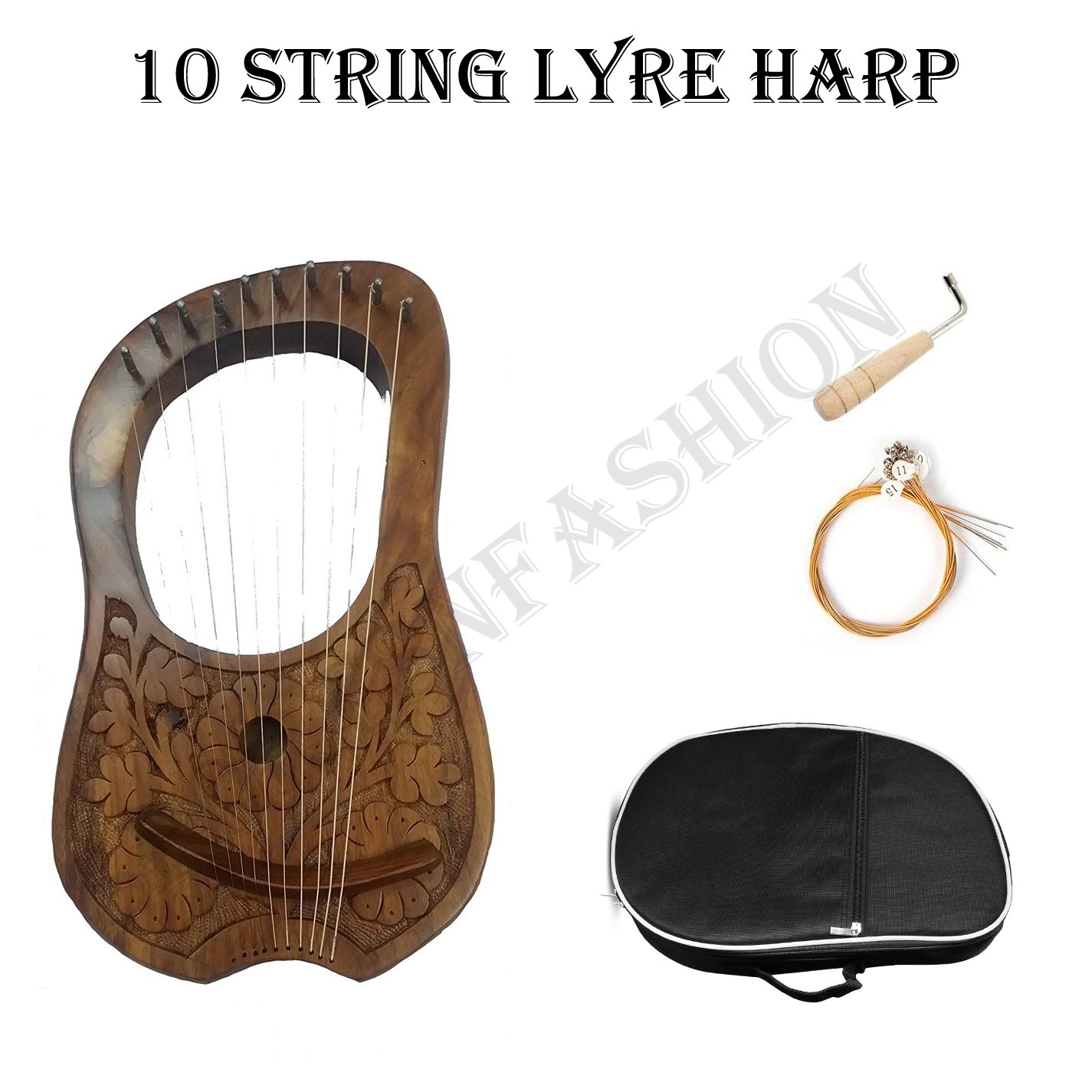 Engraved Lyre Harp Rosewood 10 Metal Strings + Free Carrying Case and Key