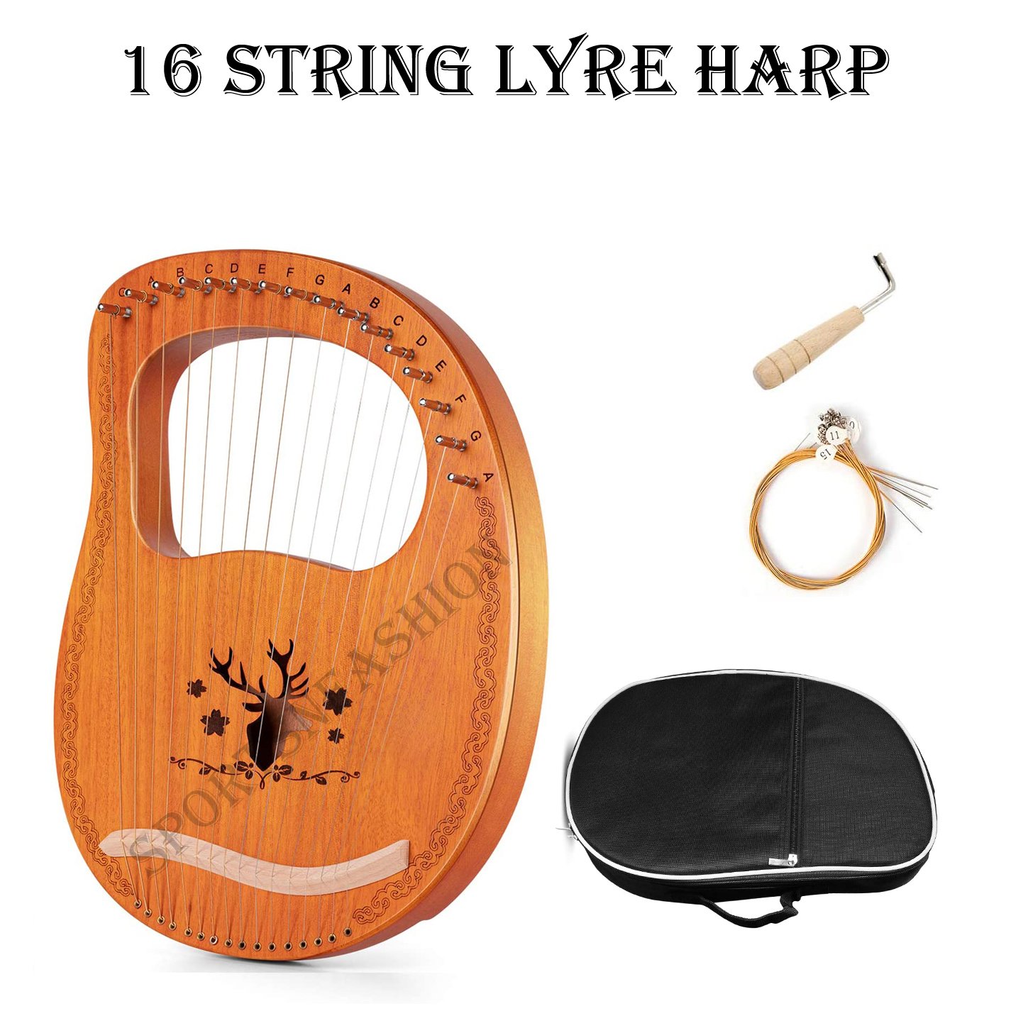 16 string Lyre Harp Mahogany Plywood Body String Instrument with Tuning key