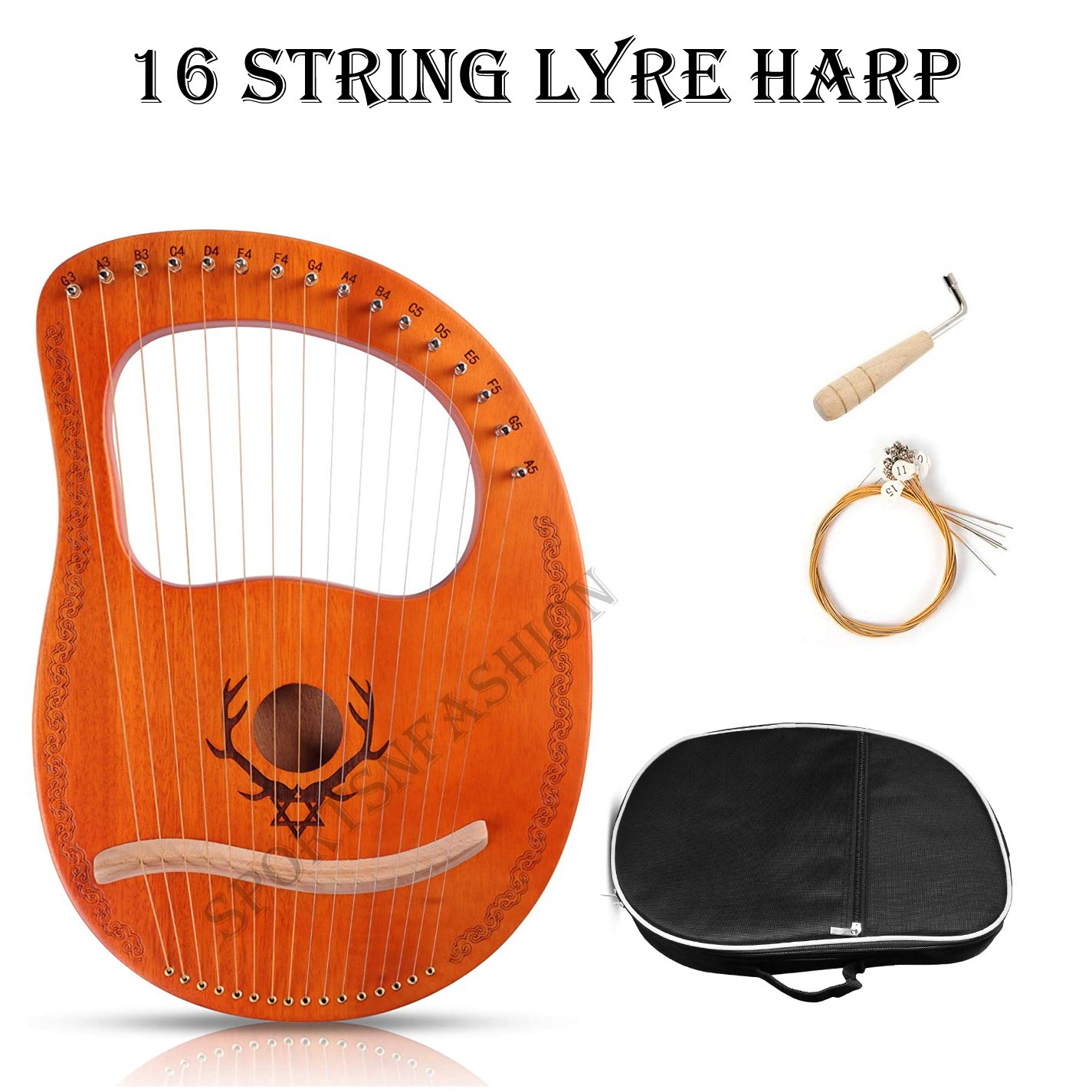 16 string Lyre Harp Plywood Body String Instrument with Tuning key