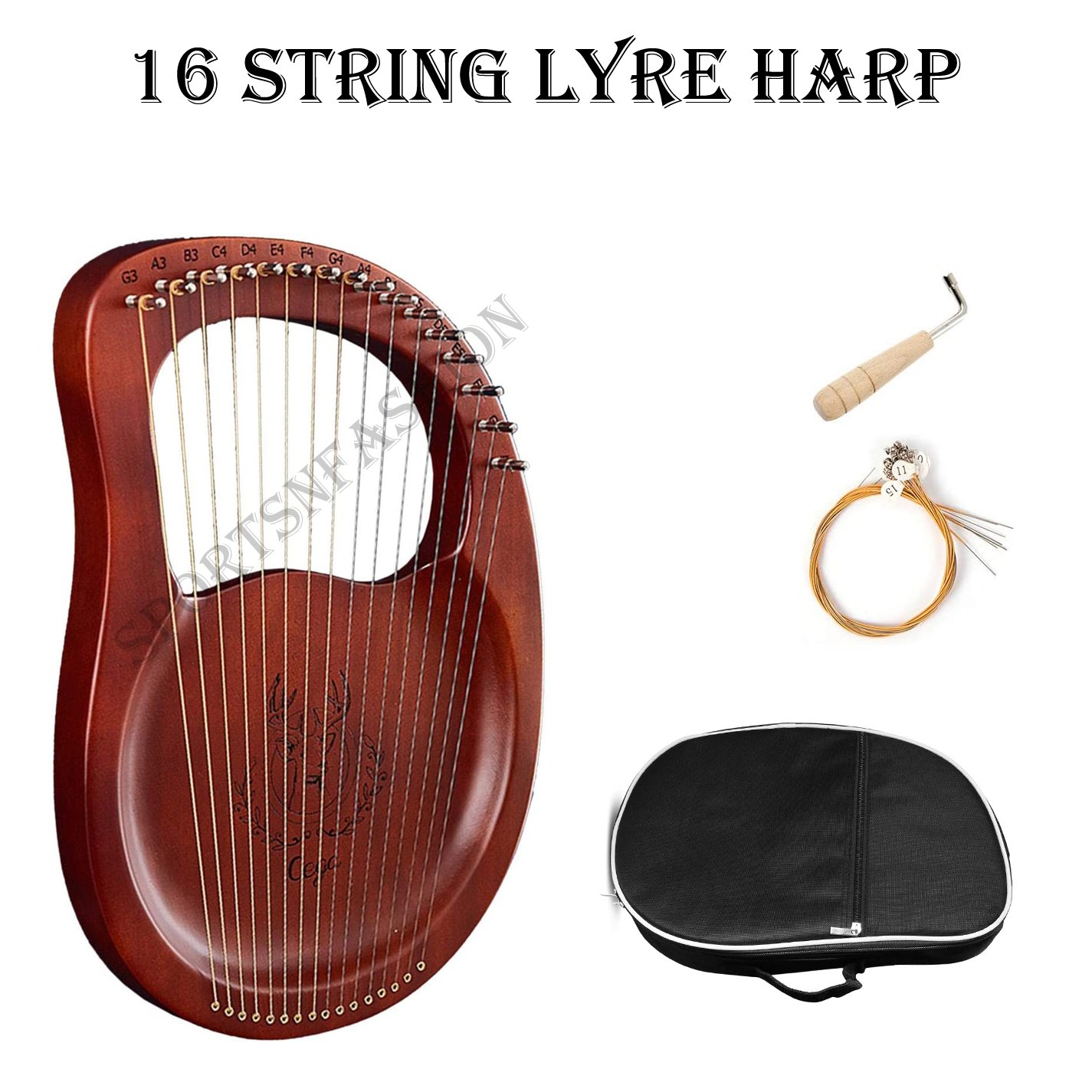 16 Strings Lyra Harp with Carved Note Tuning Key