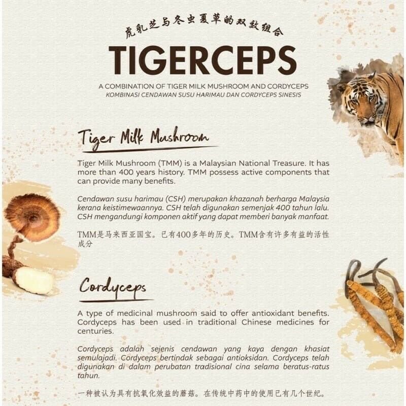 2 x TIGERCEPS ORGANIC TIGER MILK MUSHROOM + CORDYCEPS 30 CAPSULE VITAL ...