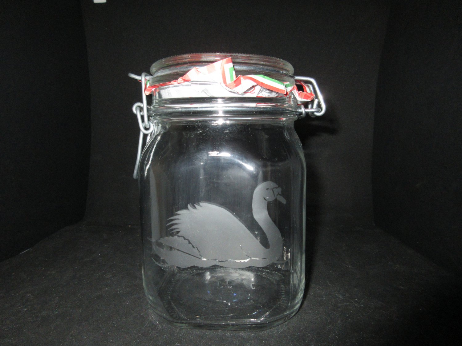 NEW ETCHED SWAN GLASS CANISTER STORAGE MASON JAR