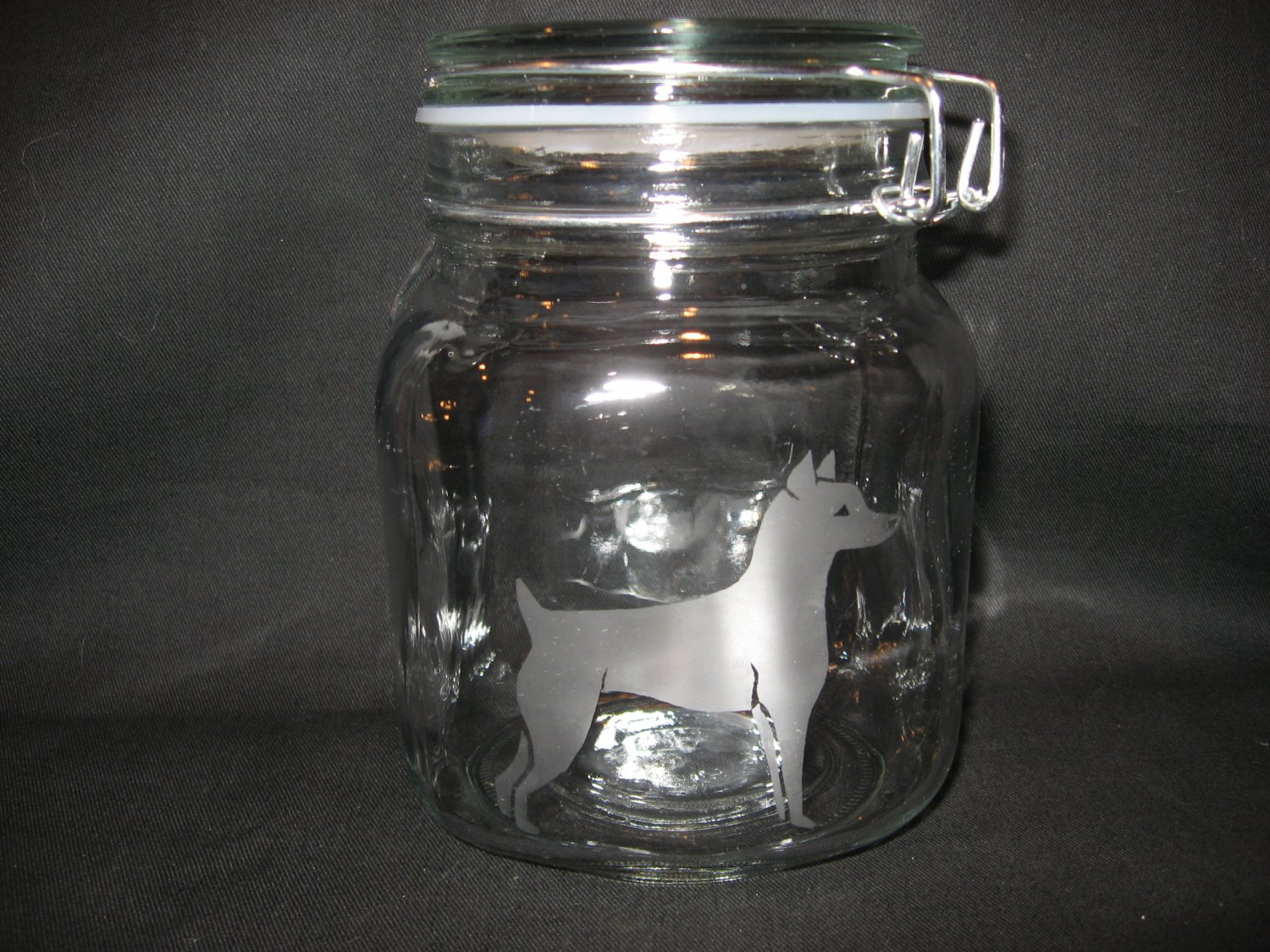 NEW ETCHED MINIATURE PINSCHER GLASS CANISTER STORAGE MASON JAR