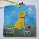 VINTAGE HAND PAINTED ON GLASS YELLOW LABRADOR RETRIEVER CHRISTMAS TREE ORNAMENT