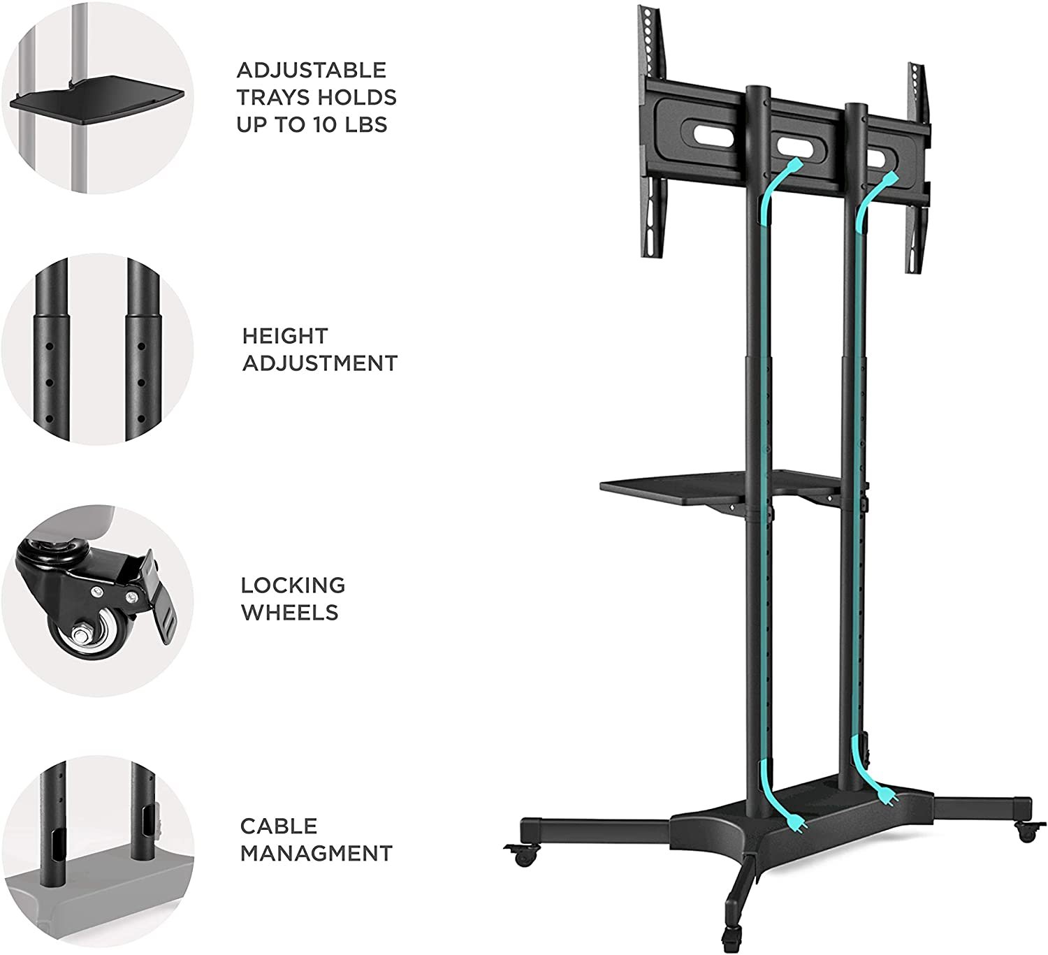 ONKRON -TS1351-BLK Mobile TV Stand for 40 to 65 Inch LCD LED TV Screens ...