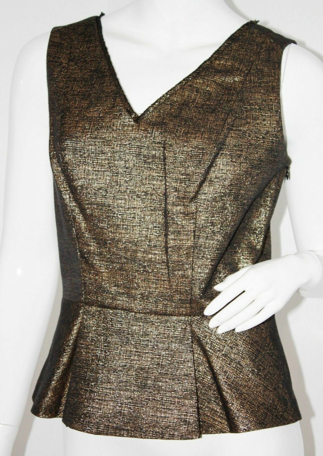 TAHARI Addyson PEPLUM Black Gold TOP Lined METALLIC Shirt $198 L Free Shipping