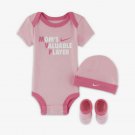 Nike NN0560-A8F Baby Bodysuit, Hat and Booties 3 Piece Set Pink 0-6 Months