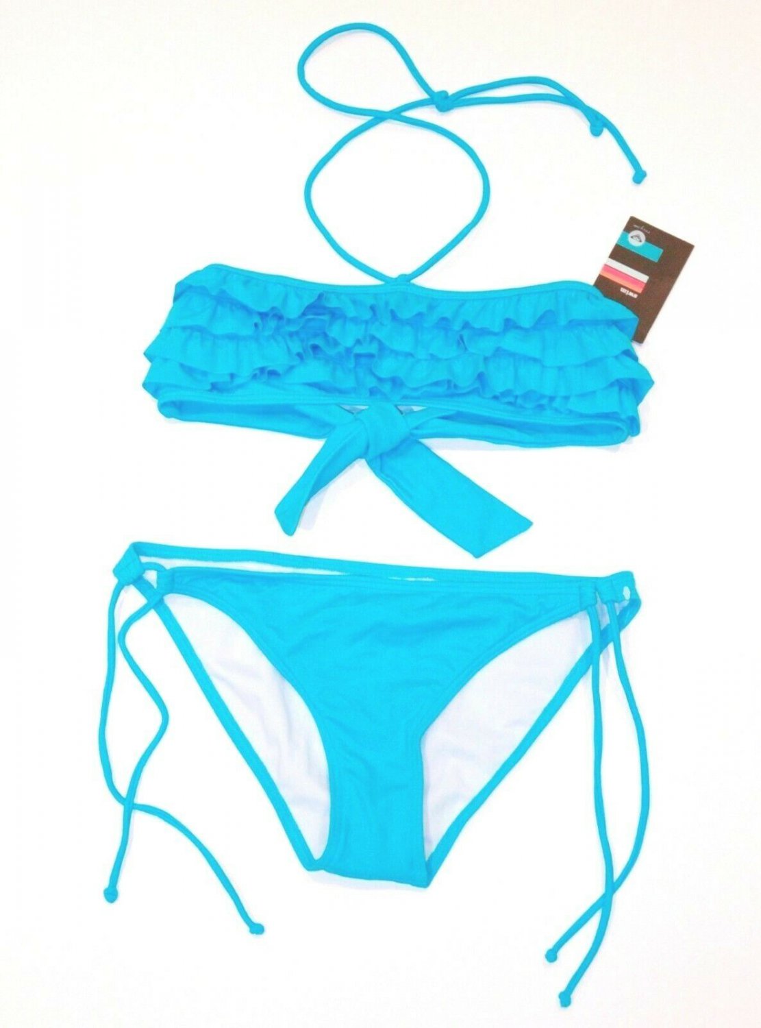 ROXY BIKINI Top & Bottom Turquoise RUFFLE Set STRINGER FREE SHIPPING