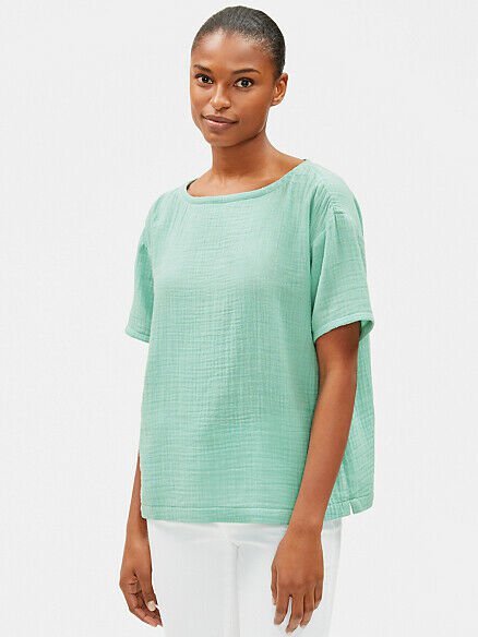 Eileen Fisher Organic Cotton Lofty Gauze Bateau Neck Boxy Top