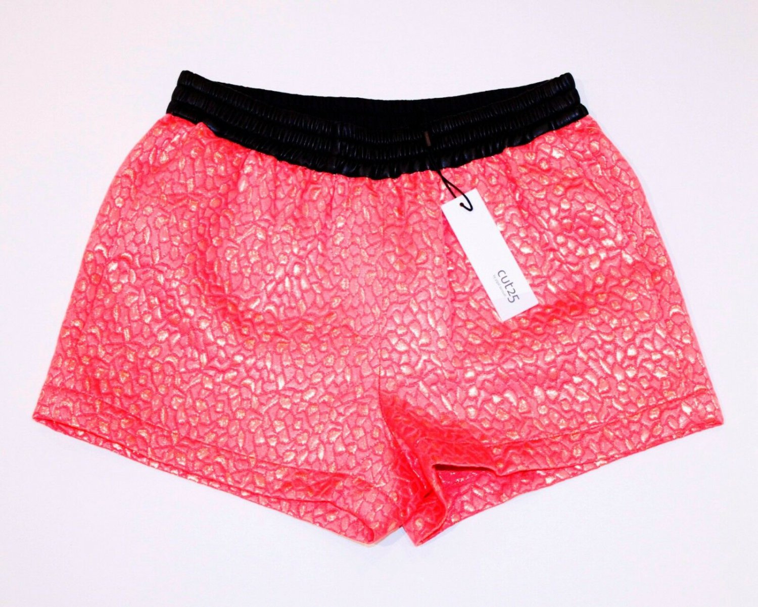 CUT 25 by YIGAL AZROUEL Melon GLITTER SHORTS Metallic LEATHER Waistband ( 2 )