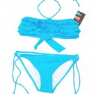 ROXY BIKINI Top & Bottom Turquoise RUFFLE Set STRINGER ( L )