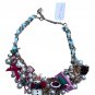 Betsey Johnson Christmas Jingle Bell Bling Charm Bauble Bib Necklace Gold / Blue