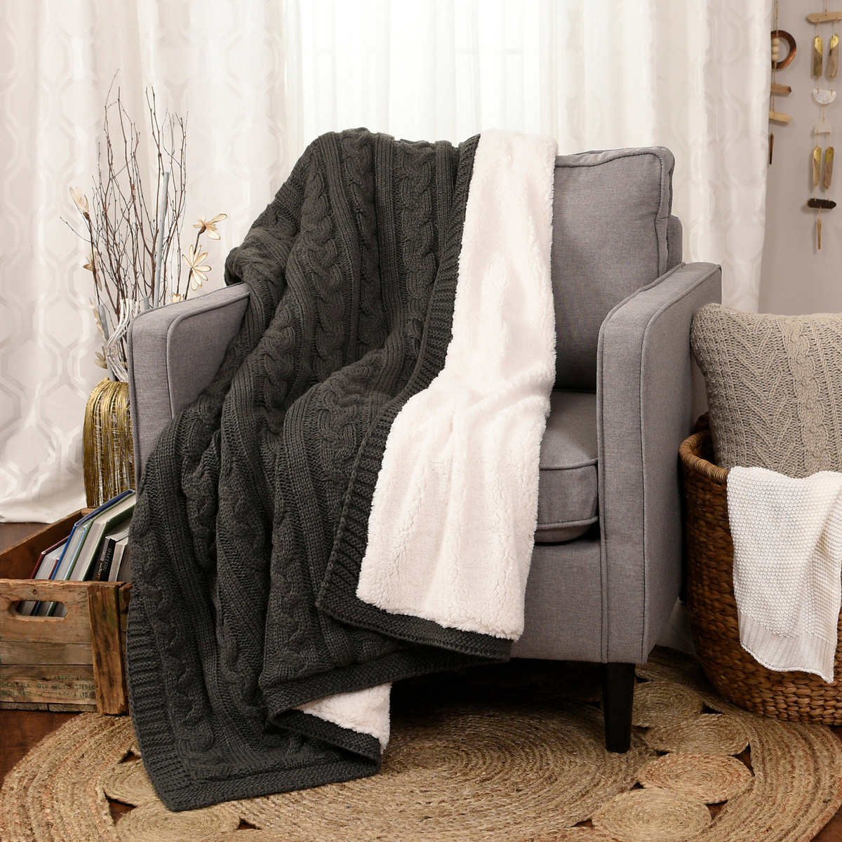 Life Comfort Cable Knit Sherpa Throw Reversible Warm Cozy Blanket 50" x 60"