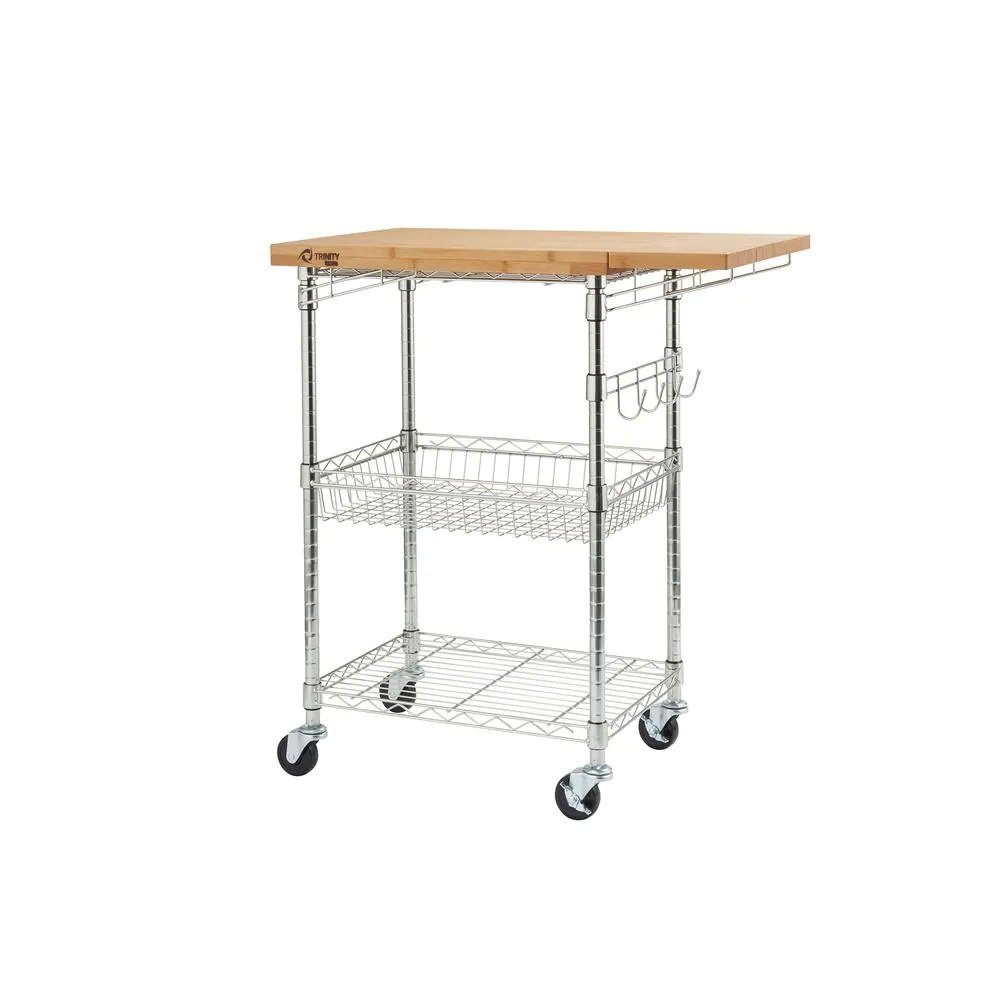 TRINITY PRO EcoStorage Chrome Kitchen Cart with Bamboo Top
