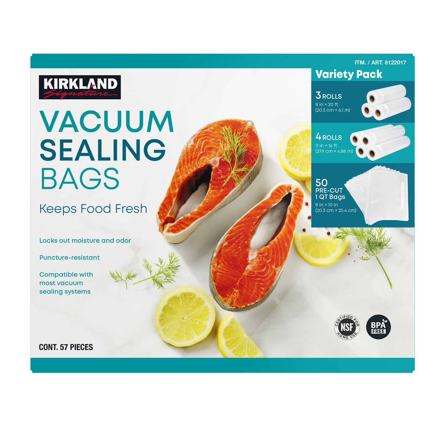 Kirkland Signature Vacuum Sealing Bags, Keeps Food Fresh 7 Rolls & 50 Bags