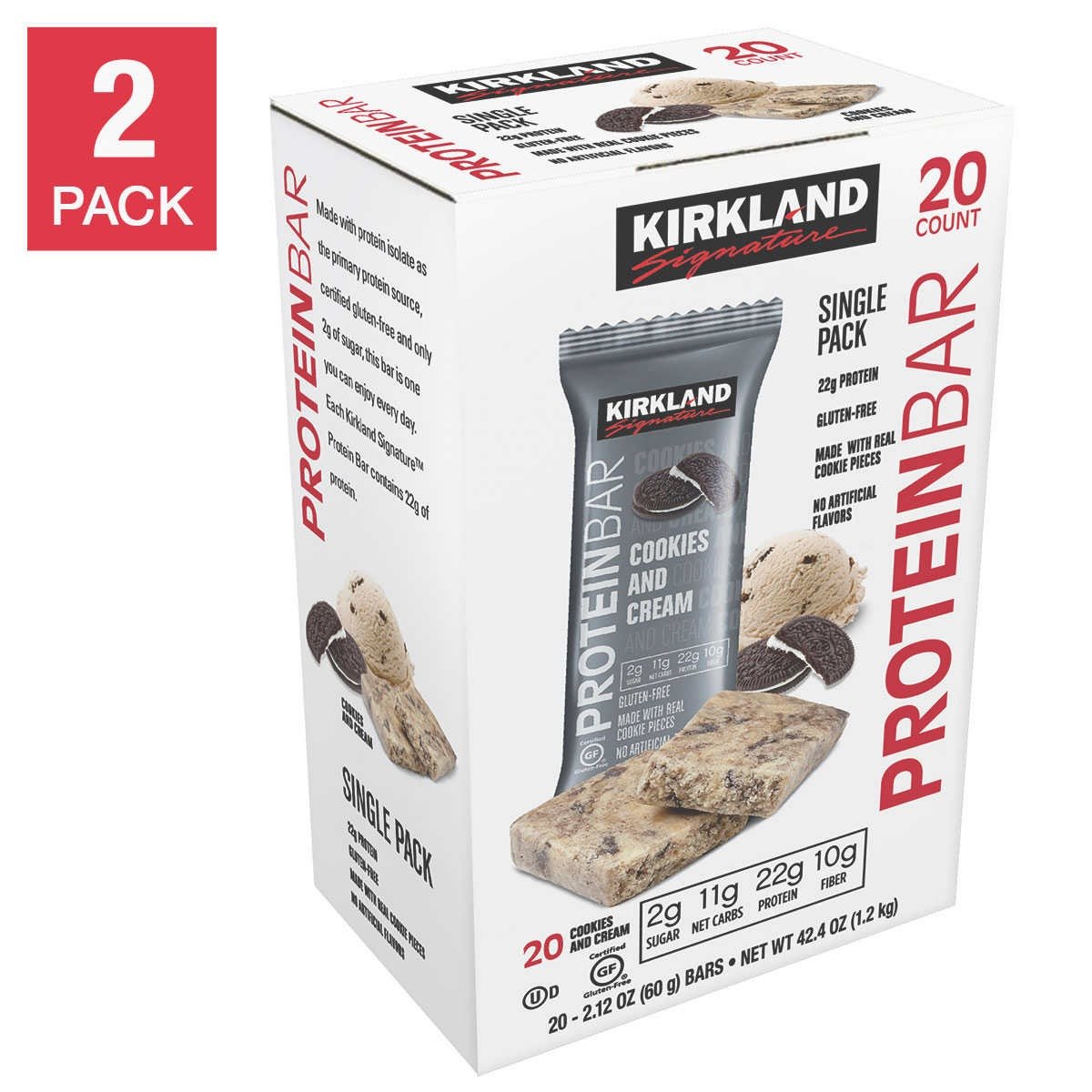 Kirkland Signature Protein Bars, Cookies and Cream, 20count, 2pack